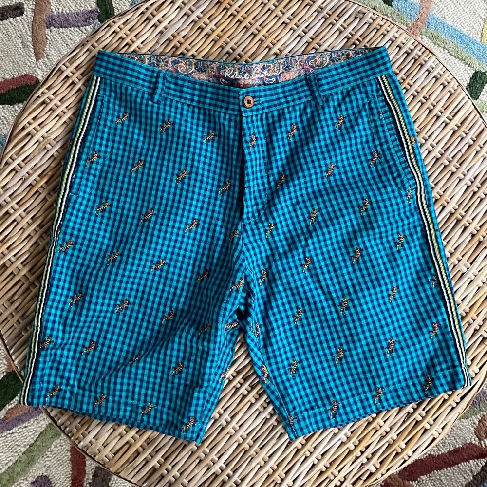 Robert Graham Gingham Plaid Embroidered Lizard Cotton Shorts